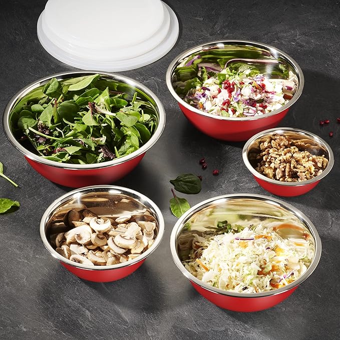 WHYSKO Stainless Steel Mixing Bowl Set, 10 Piece Stainless Steel Mixing Bowls with Lids Set for Food Prep Storage and Serving, Dishwasher Safe for Kitchen Baking Cooking, Red - Image 4