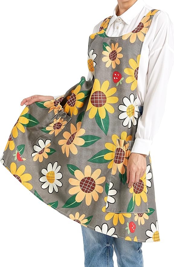 Cozy Adjustable Cross Back Aprons for Women with Pockets Cotton Linen Cooking Kitchen Baking
