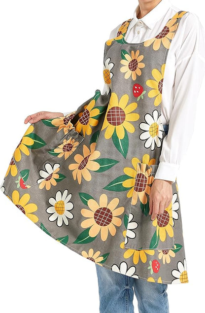 Cozy Adjustable Cross Back Aprons for Women with Pockets Cotton Linen Cooking Kitchen Baking