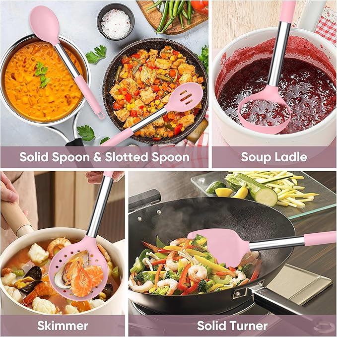 TeamFar Kitchen Utensils Set of 8, Silicone Utensils Kitchen Tools Set with Stainless Steel Handle, for Frying Serving Flipping Draining, Non-toxic & Heatproof, Nonstick & Dishwasher Safe - Pink - Image 5