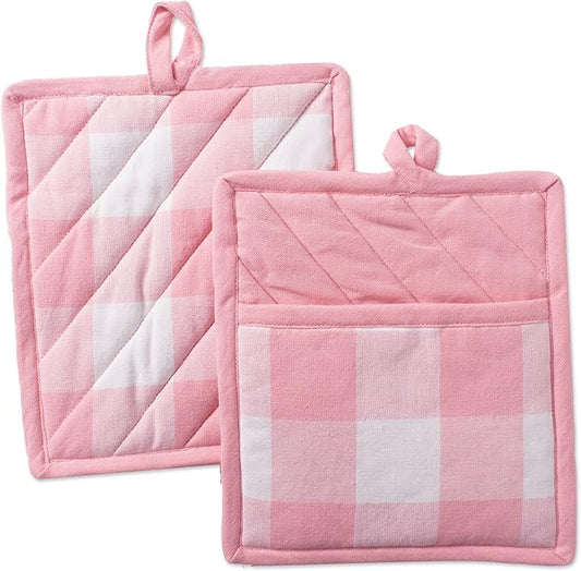DII Buffalo Check Kitchen Collection, Classic Farmhouse Kitchen Set, Potholder, One Size, Pink &White, 2 Piece