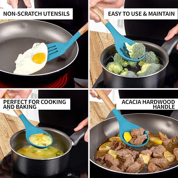 Zulay Kitchen Non-Stick Cooking Utensils Set with Authentic Acacia Wood Handles – 5-Piece Durable & Stylish Silicone Kitchen Utensils Set – Heat Resistant to 464°F – Blue - Image 3