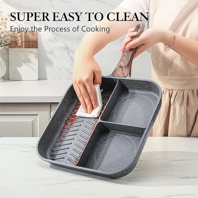 Sensarte Nonstick 11-Inch Square Grill Pan, 3-Section Versatile Breakfast Skillet, Die-cast Aluminum, PFOA, PFOS, APEO Free, Induction, Gas, Electric, Glass, Ceramic - Image 6
