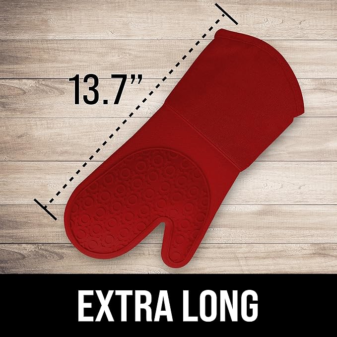 BPA-Free Silicone Oven Mitts Ultra Heat Resistant up to 500°F - Oven Mitts with Thick Cotton Liner - Long Slip Resistant Pot Holders, Flexible Oven Gloves - Empire Red 13.7 - Image 2