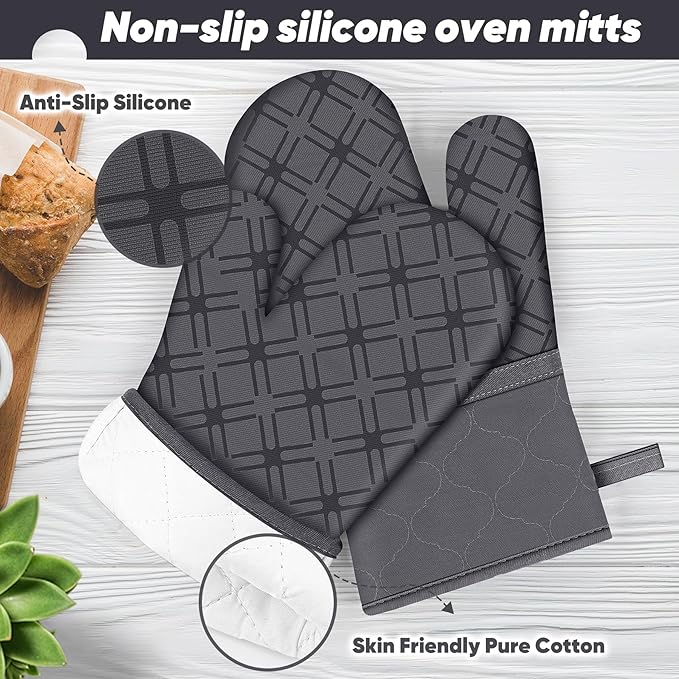 Oven Mitts and Pot Holders Set with Dishcloths, 500 Degree Heat Resistant Oven Gloves and Hot Pads, Premium Soft Cotton Kitchen Mittens and Dish Cloth Sets-Deep Grey - Image 3