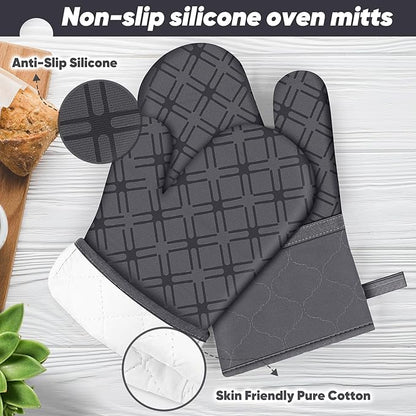 Oven Mitts and Pot Holders Set with Dishcloths, 500 Degree Heat Resistant Oven Gloves and Hot Pads, Premium Soft Cotton Kitchen Mittens and Dish Cloth Sets-Deep Grey - Image 3