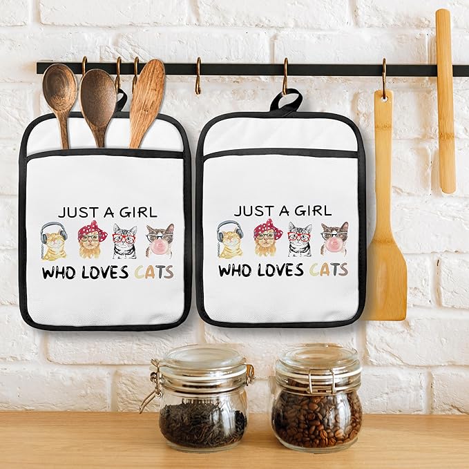 Cat Pot Holders with Pockets, Just a Girl Who Loves Cats Oven Pot Holders Heat Resistant Oven Mitts Hot Pads for Kitchen Baking Cooking