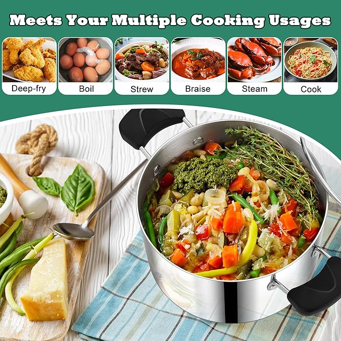 6 Quart 3-Ply Cooking Stock Pot with Lid, P&P CHEF Stainless Steel Large Pot for Pasta Soup, Work on Multi Stove, Heavy Duty & Dishwasher Safe, Dual Heat-resistant Handles & Transparent Glass Lid - Image 5