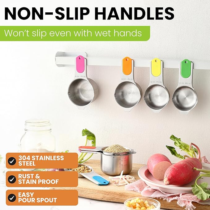 Spring Chef Magnetic Stainless Steel Measuring Cups, Patented, Kitchen Tools with Easy to Read Markings for Measuring Dry or Liquid Ingredients, Set of 7, Neon - Image 6