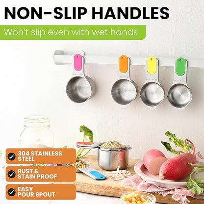 Spring Chef Magnetic Stainless Steel Measuring Cups, Patented, Kitchen Tools with Easy to Read Markings for Measuring Dry or Liquid Ingredients, Set of 7, Neon - Image 6