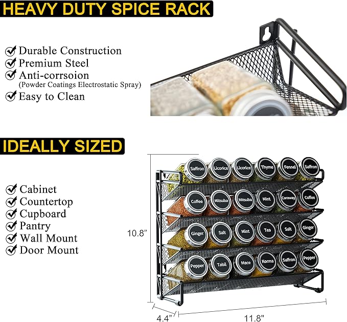 SpaceAid Spice Rack Organizer with 24 Spice Jars, 386 Spice Labels, Chalk Marker and Funnel Set for Cabinet, Countertop, Pantry, Cupboard or Door & Wall Mount -24 Jars, 11.8" W × 10.8" H, Black - Image 4