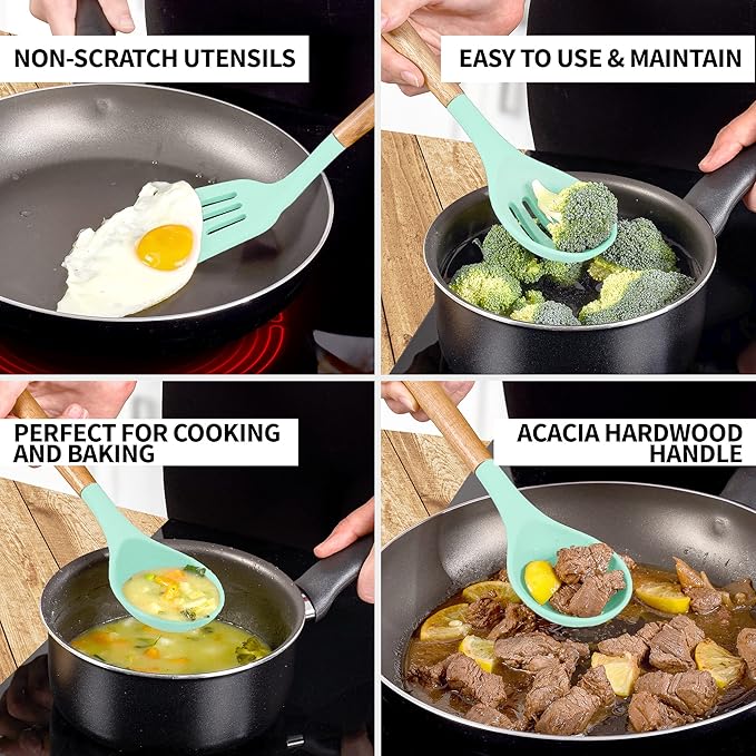 Zulay Kitchen Non-Stick Cooking Utensils Set with Authentic Acacia Wood Handles – 5-Piece Durable & Stylish Silicone Kitchen Utensils Set – Heat Resistant to 464°F – Aqua - Image 3