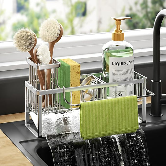 HapiRm Sponge Holder for Kitchen Sink - Self-draining Sink Caddy with Brush and Dishcloth Holders with Sloping Drainage - Silver by HapiRm