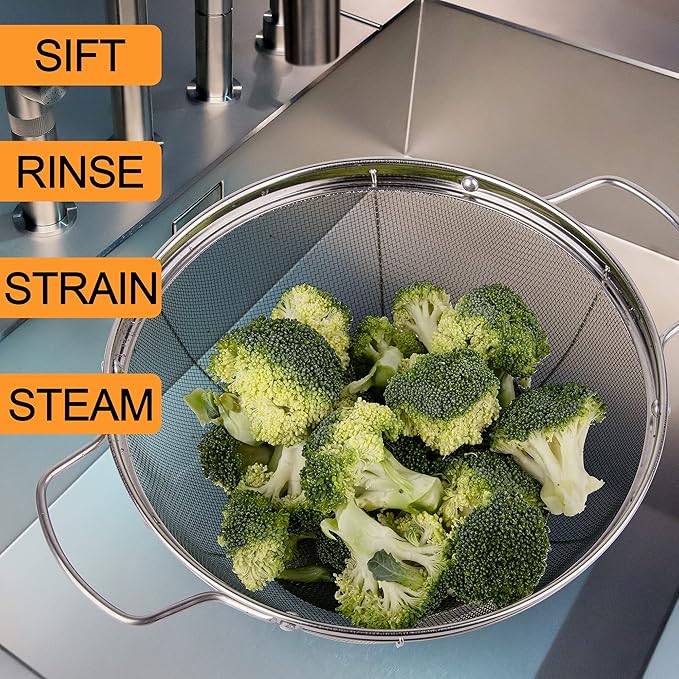 5 Pack 18/8 Stainless Steel Colander Sieves, Multi Size Mesh Strainer Net Baskets with Handles & Resting Base for Strain, Drain, Rinse or Steam - Image 6
