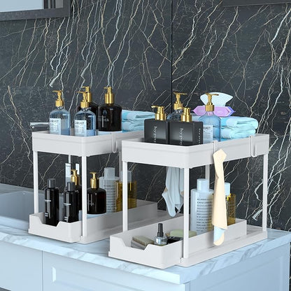 DEKAVA Cabinet, 2 Pack Under Sink Organizer, 2 Tier Sliding Bathroom Kitchen Organizer, Large White ABS Baskets, Easy Install & Clean - Image 3