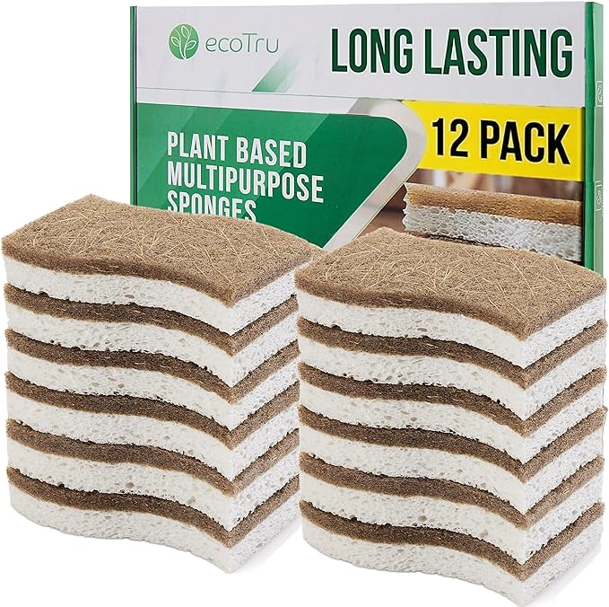 12 Pack Natural Kitchen Sponges, Compostable White Cellulose & Organic Coconut Scrubber Sponge for Washing Dishes, Kind Eco Friendly Non Toxic & Biodegradable Dishwashing Sponges by ecoTru