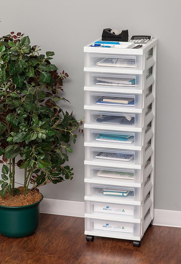 IRIS USA Plastic Drawer Storage Organizer Rolling Cart, with Wheels Casters, 10-Drawers, for Classroom Art Craft Supplies Dresser Closet Bathroom Laundry Room, White/Clear - Image 2