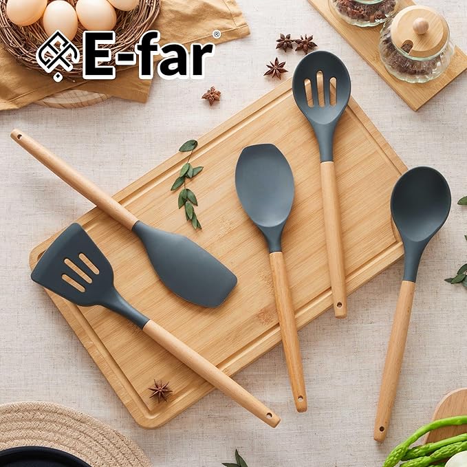 E-far Silicone Cooking Utensils Set, 5-Piece Kitchen Utensils Set with Wooden Handle for Cooking, Silicone Kitchen Nonstick Tools Spatula Turner Slotted Spoons, Nontoxic & Heat Resistant-Gray - Image 7