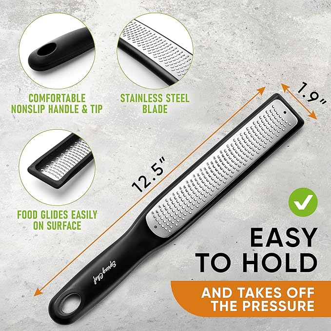 Spring Chef Premium Lemon Zester Grater with Handle - Fruits, Garlic, Chocolate, Nutmeg, Ginger Grater - Heavy Duty Kitchen Tool - Stainless Steel Citrus Zester with Blade Cover - Fine Shred, Black - Image 2