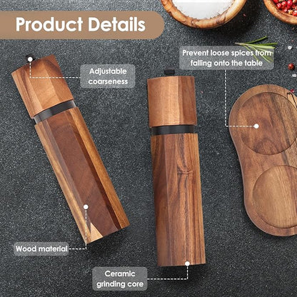 Wooden Salt and Pepper Grinder Set with Wooden Tray and Spoon, 8 Inch Manual Salt and Pepper Mill, Adjustable Coarseness, Refillable Pepper Grinder with Ceramic Core for Kitchen, Octagonal