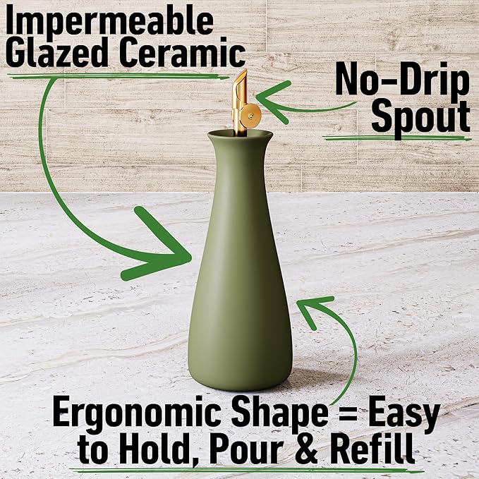Ceramic Olive Oil Dispenser with Self-Closing Gold Spout - 530 ML Capacity Matte Green Ceramic Oil Dispenser for Kitchen - Leak Proof EVOO Dispensing Bottle - Stylish, Ergonomic, Durable, Easy Pour - Image 2