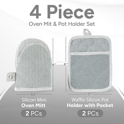 Casa Platino Heat Resistant Oven Mitts & Potholders, 4-Piece – Oven Mitt and Pot Holders Sets for Baking, Grilling & Microwave – Withstands Up to 500°F, Non-Slip, Machine Washable – Grey