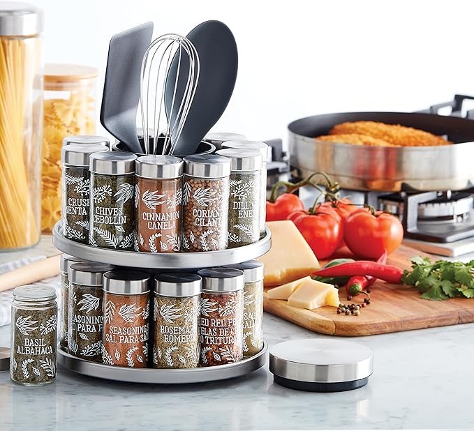 Kamenstein 20 Jar Revolving Spice Rack with Integrated Tool Caddy, Brushed Stainless Steel with Stainless Steel Caps - Image 7