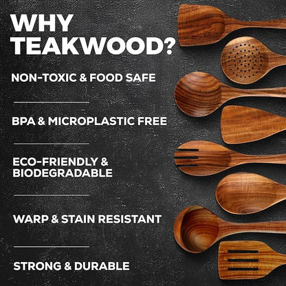 Zulay Kitchen 12-Piece Teak Wooden Utensils for Cooking - Natural Teak Utensil Set with Premium Gift Box - Non-Stick Wooden Spoons for Cooking - Kitchen Gift Set - Comfortable Grip Wooden Utensil Set - Image 4