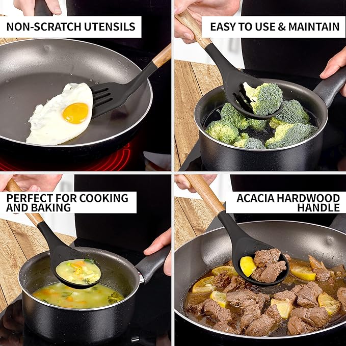 Zulay Kitchen Non-Stick Cooking Utensils Set with Authentic Acacia Wood Handles – 5-Piece Durable & Stylish Silicone Kitchen Utensils Set – Heat Resistant to 464°F – Black - Image 3