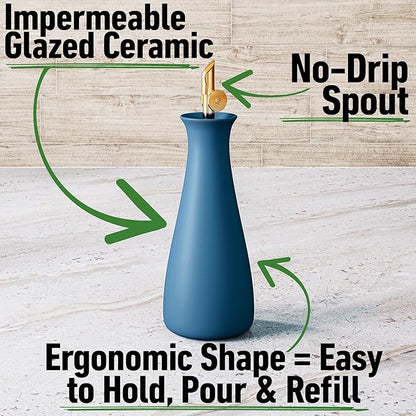 Ceramic Olive Oil Dispenser with Self-Closing Gold Spout - 530 ML Capacity Matte Blue Ceramic Oil Dispenser for Kitchen - Leak Proof EVOO Dispensing Bottle - Stylish, Ergonomic, Durable, Easy Pour - Image 2