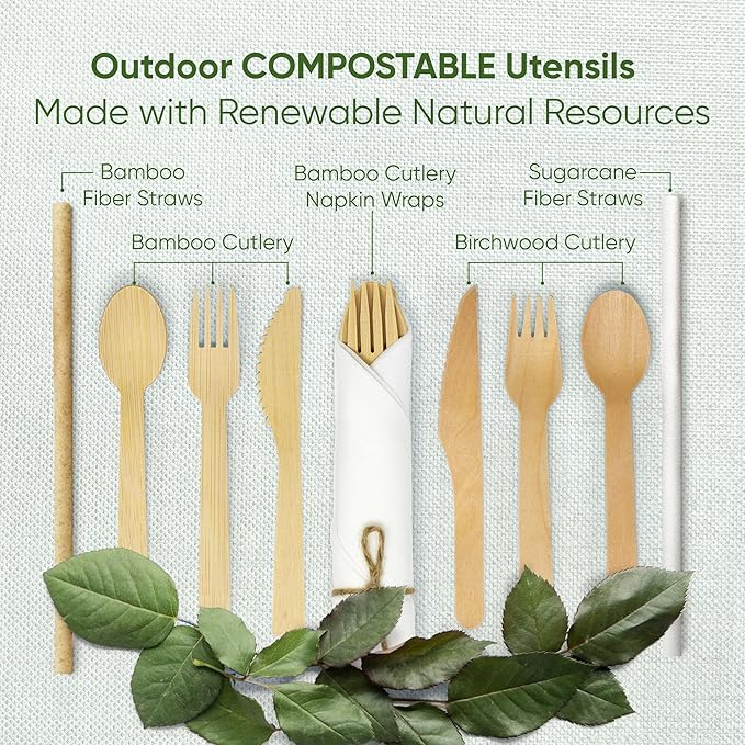 EcoPreps 100% Compostable Bamboo Cutlery Set (250 PCS - 125 Forks, 75 Spoons, 50 Knives) Eco-Friendly, Natural, Biodegradable Disposable Utensils Set | Bamboo Disposable Forks, Knives, and Spoons Sets - Image 7