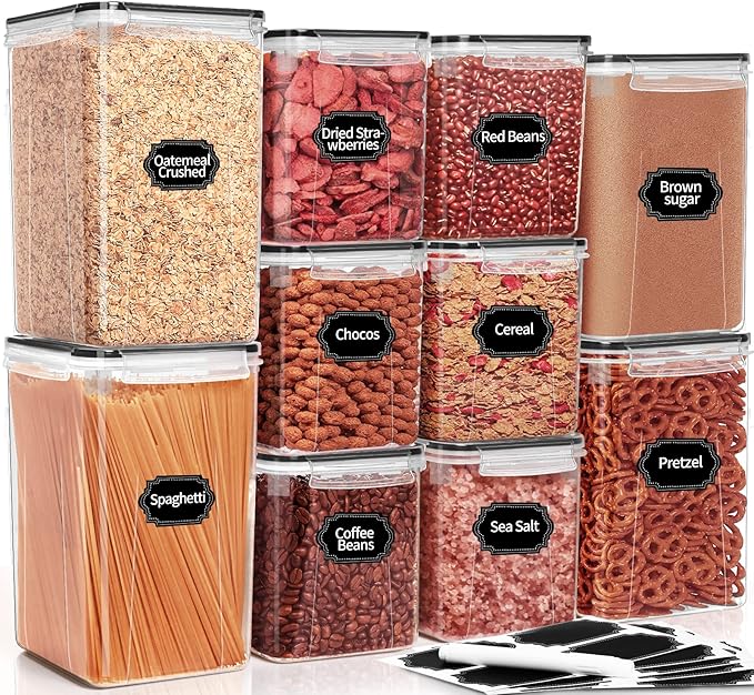 PRAKI Large Airtight Food Storage Containers with Lids, 10PCS Plastic Cereal Storage Containers, Kitchen & Pantry Organizers and Storage for Sugar, Flour, Baking Supplies with Lables & Mark by PRAKI