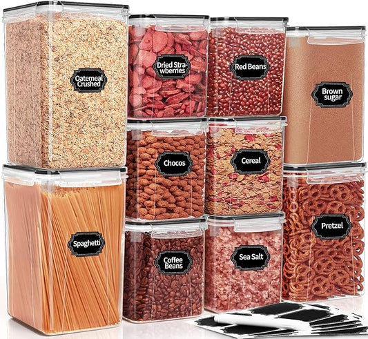 PRAKI Large Airtight Food Storage Containers with Lids, 10PCS Plastic Cereal Storage Containers, Kitchen & Pantry Organizers and Storage for Sugar, Flour, Baking Supplies with Lables & Mark by PRAKI