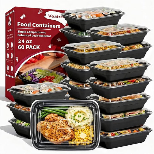 60 Pack 24 oz Meal Prep Containers Reusable, Plastic Food Storage Container with Lids,Leakproof To Go Lunch Boxes, BPA-Free,Freezer, Microwave, Dishwasher Safe Take Out Containers
