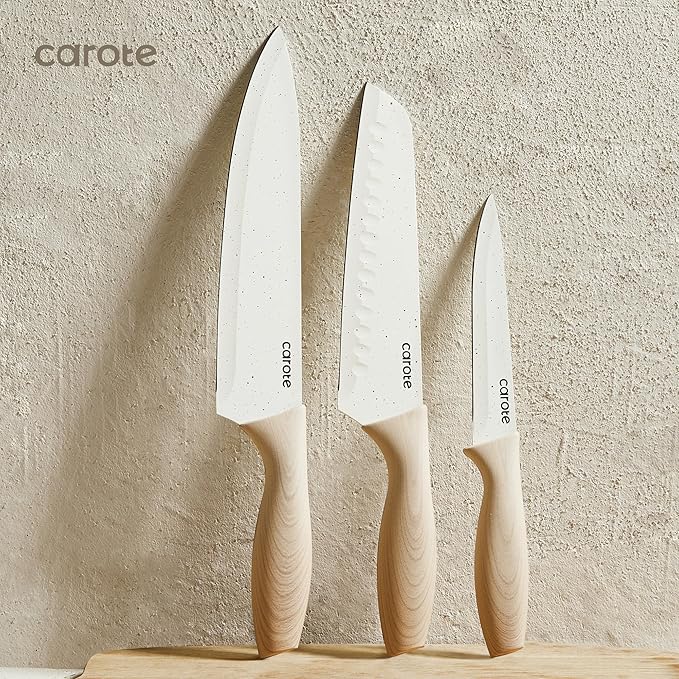 CAROTE 12PCS Knife set with Blade Guards,Granite Nonstick Ceramic Coating,Stainless Steel blade, Anti-Slip Handle, Essential Knives, Rustproof, White - Image 7