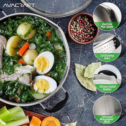 AVACRAFT Tri-Ply Stainless Steel Stockpot with Glass Strainer Lid, Side Spouts, 6 Quart Pot, Multipurpose Stock Pot, Sauce Pot (Tri-Ply Full Body, 6QT)