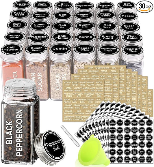 SWOMMOLY 30 Glass Spice Jars 4oz/Square Spice Bottles with 703 Spice Labels, Empty Spice Containers with Pour/sift Shaker Lid, Airtight Cap, Chalk Marker and Funnel Complete Set by SWOMMOLY