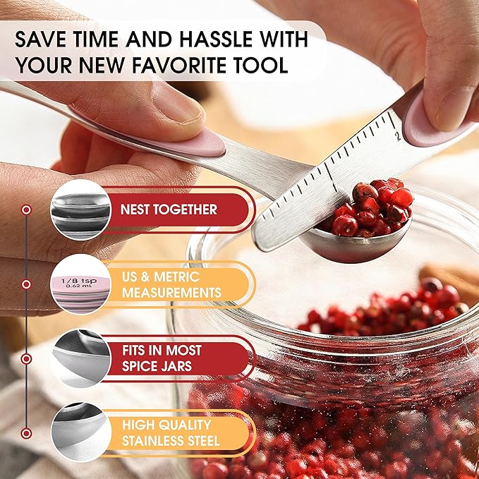 Spring Chef Stainless Steel Magnetic Measuring Spoons Set of 8 with Leveler, Dual Sided Teaspoon & Tablespoon Measuring Spoons with Strong Magnets, Kitchen Gadgets for Baking & Cooking - Pink Lemonade - Image 2