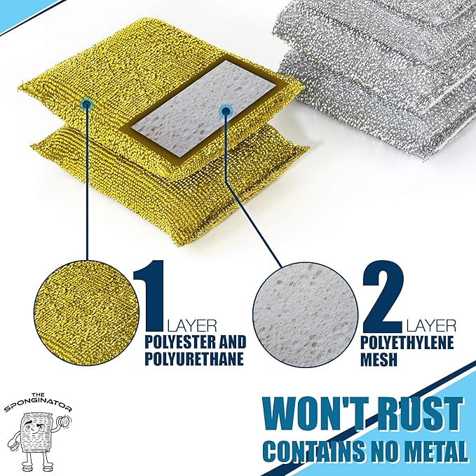 SPONGENATOR Kitchen Scrubbing Sponges - Heavy Duty Non-Scratch Scrubbing Cleaner Sponges in 2 Colors - Multi-Surface Non-Metal Dish Scouring Scrubbers for Fast Cleaning (Gold & Silver, 12) - Image 6