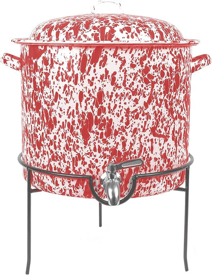 Enamelware Beverage Dispenser with Rack, 15 quart, Red/White Splatter