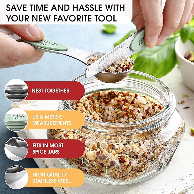 Spring Chef Stainless Steel Magnetic Measuring Spoons Set of 8 with Leveler, Dual Sided Teaspoon & Tablespoon Set, Nesting Metal Kitchen Gadgets for Baking & Cooking, Fits in Spice Jars - Pistachio - Image 6