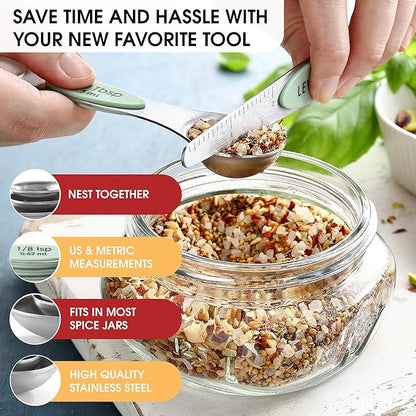 Spring Chef Stainless Steel Magnetic Measuring Spoons Set of 8 with Leveler, Dual Sided Teaspoon & Tablespoon Set, Nesting Metal Kitchen Gadgets for Baking & Cooking, Fits in Spice Jars - Pistachio - Image 6
