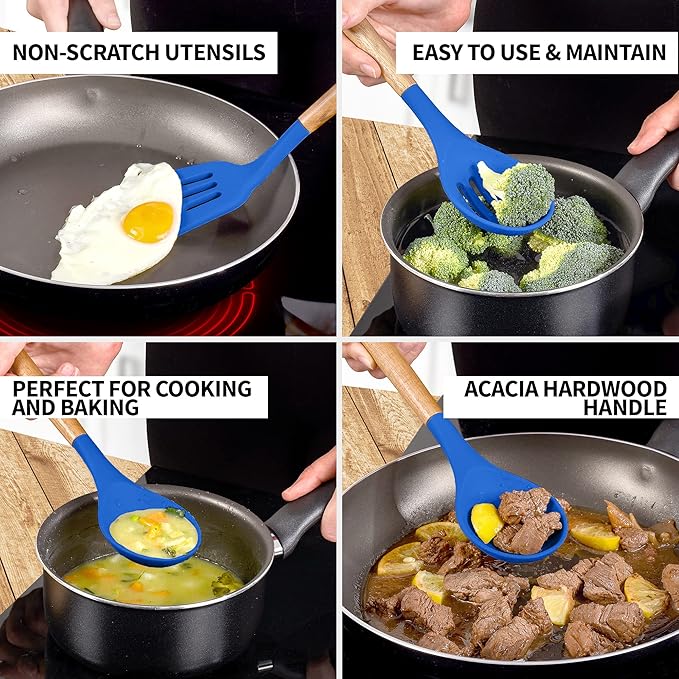 Zulay Kitchen Non-Stick Silicone Cooking Utensils Set with Acacia Wood Handles - 5 Piece Set - Heat Resistant to 464F - Dark Blue - Image 3