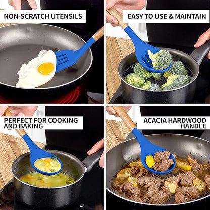 Zulay Kitchen Non-Stick Silicone Cooking Utensils Set with Acacia Wood Handles - 5 Piece Set - Heat Resistant to 464F - Dark Blue - Image 3