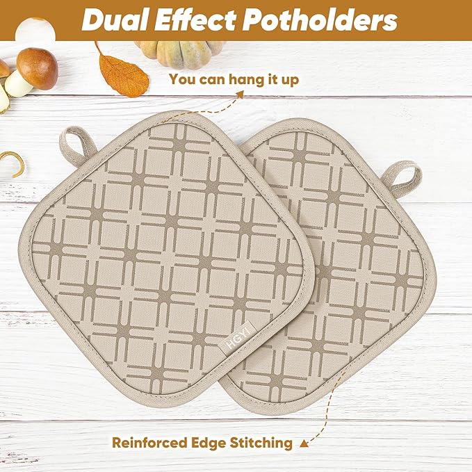 Oven Mitts and Pot Holders Set with Dishcloths, 500 Degree Heat Resistant Oven Gloves and Hot Pads, Premium Soft Cotton Kitchen Mittens and Dish Cloth Sets-Beige - Image 4