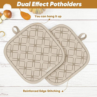 Oven Mitts and Pot Holders Set with Dishcloths, 500 Degree Heat Resistant Oven Gloves and Hot Pads, Premium Soft Cotton Kitchen Mittens and Dish Cloth Sets-Beige - Image 4