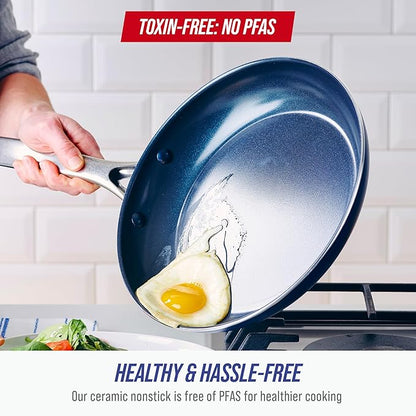 Blue Diamond 12" Nonstick Frying Pan with Lid, Diamond Infused PFAS & PTFE-Free Ceramic Skillet, Dishwasher & Oven Safe, Stay Cool Handle, Durable Non Toxic Metal Utensil Safe, Glass Lid, Blue - Image 3