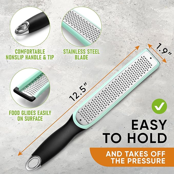 Spring Chef Premium Lemon Zester Grater with Handle - Fruit, Lime, Orange, Nutmeg, Garlic Grater - Heavy Duty Kitchen Tool - Stainless Steel Citrus Zester with Blade Cover - Fine Shred - Mint/Black - Image 4