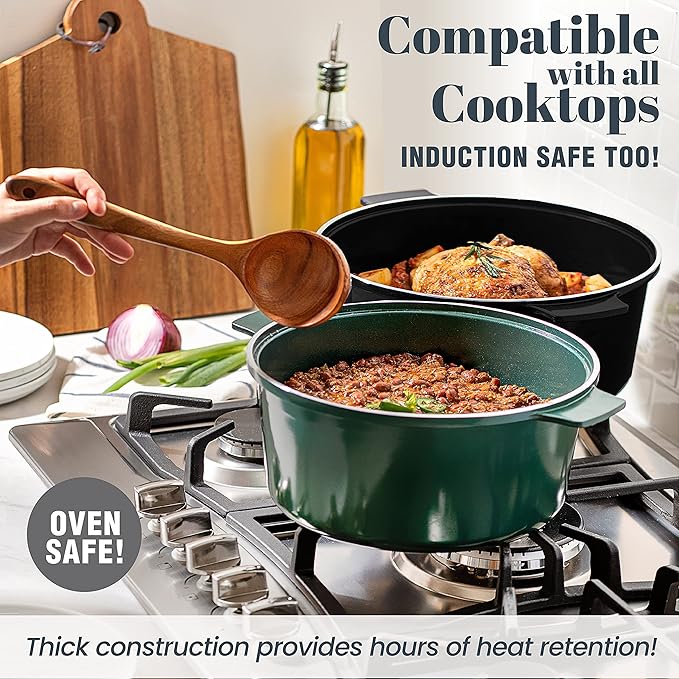 Granitestone Dutch Oven, 6.5 Quart Ultra Nonstick Enameled Lightweight Aluminum Dutch Oven Pot with Lid, Round 6.5 Qt. Stock Pot, Dishwasher & Oven Safe Induction Capable 100% PFOA Free, Emerald Green - Image 4