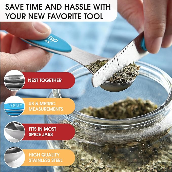 Spring Chef Stainless Steel Magnetic Measuring Spoons Set of 8 with Leveler, Nesting Teaspoon & Tablespoon Measuring Spoons for Dry and Liquid Ingredients, Kitchen Gadgets for Baking & Cooking - Teal - Image 6